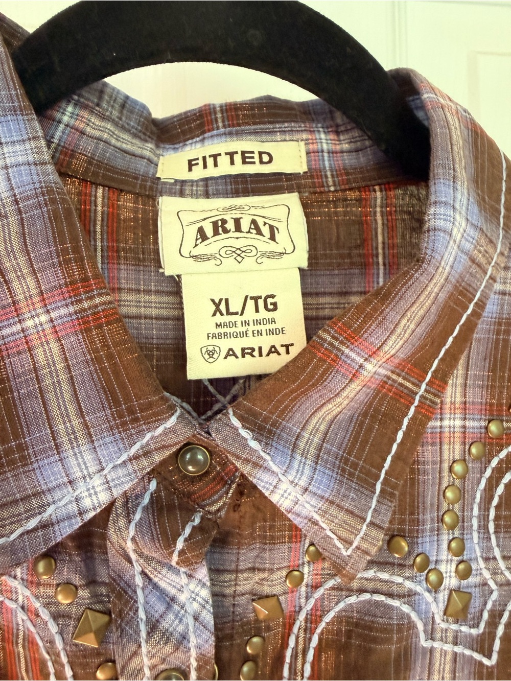 Ariat Brown and Red Plaid Western Button-Down Shirt with Stud Details - Picture 1 of 4